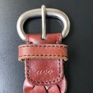 AEO Leather woven belt, metal buckle, worn, 1.5” x 47.5”including buckle.